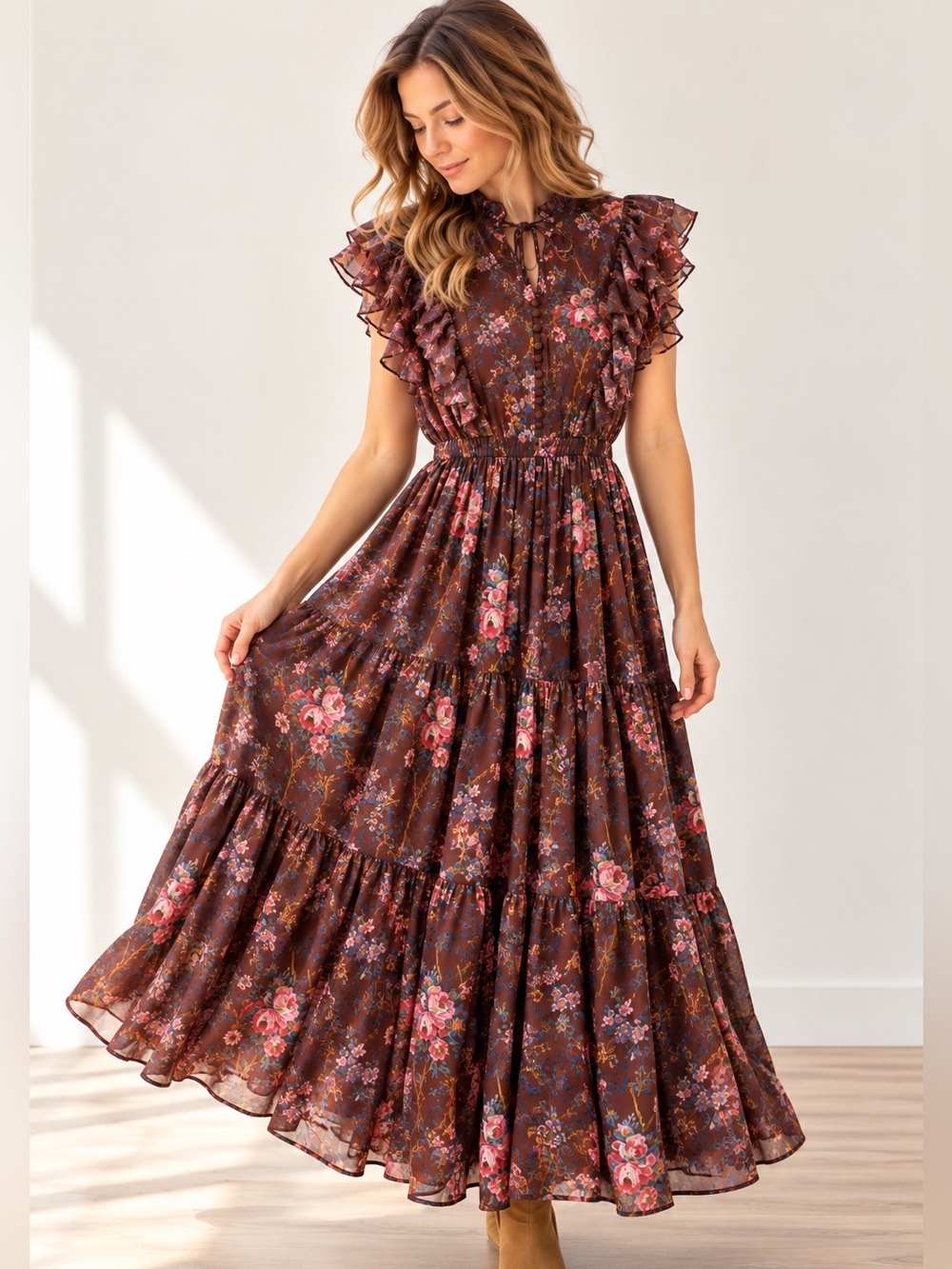 DÔEN Carnation Floral Ruffle Tiered Maxi Dress Brown Size M